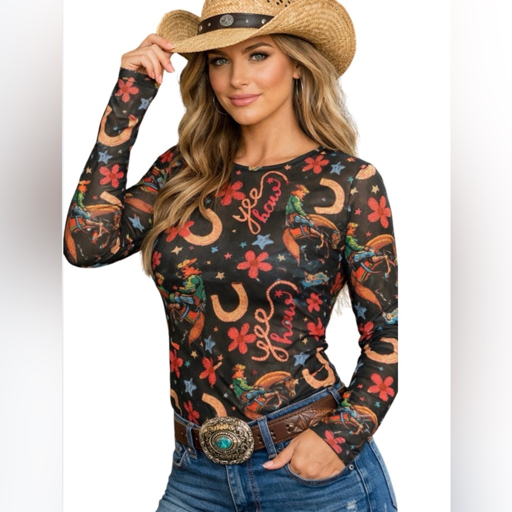 Turquoise Haven Yeehaw Western Mesh Top Long Sleeve Black Print Sz S NWT